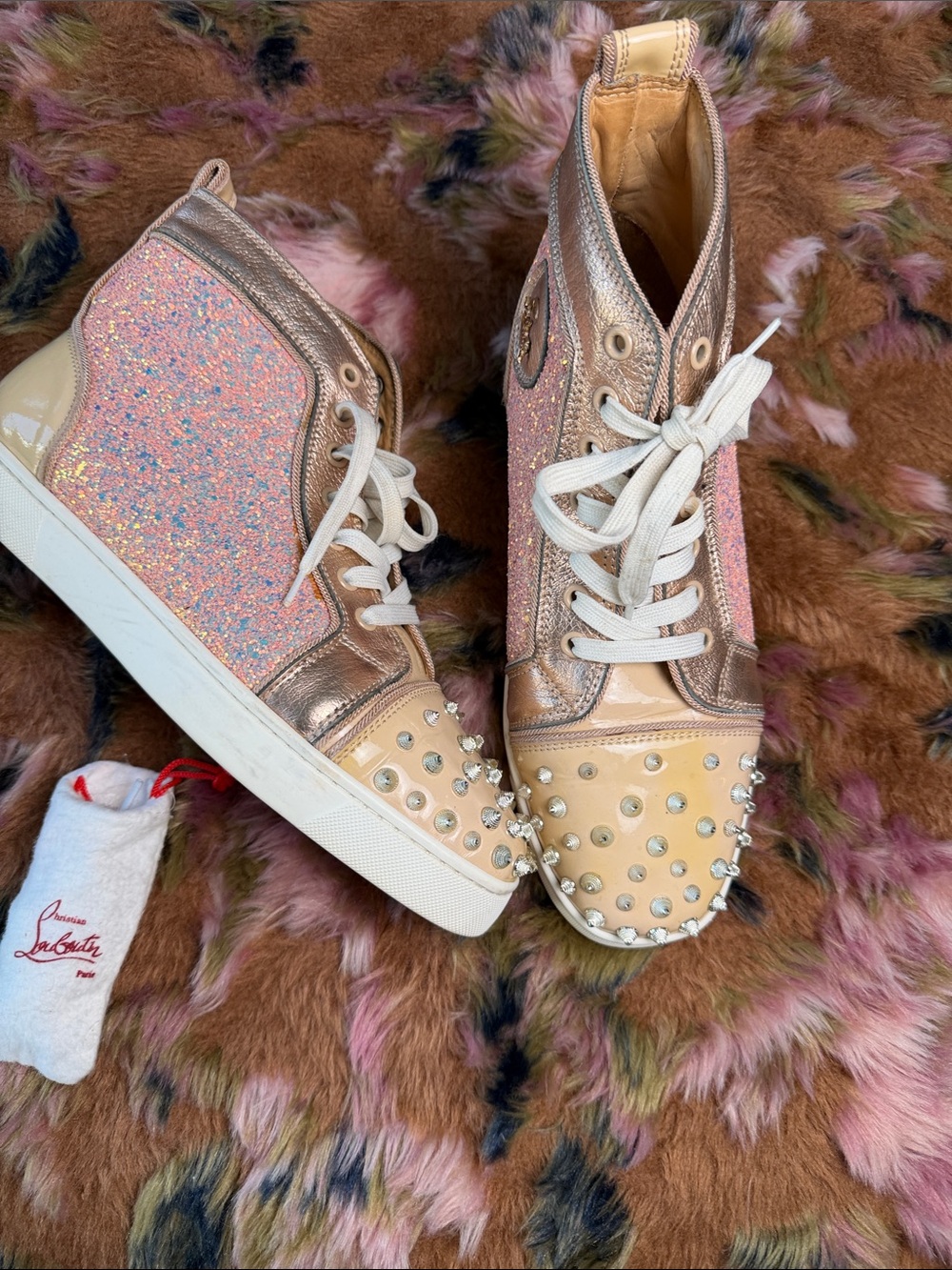 Christian Louboutin Pink Glitter and Rose Gold Spike High-Top Sneakers